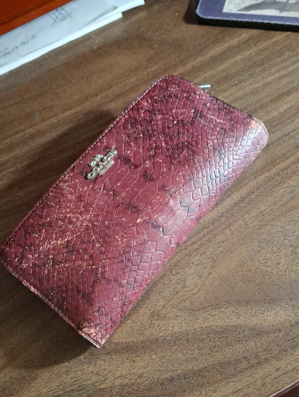 Coach Burgundy Snake-Embossed Zip Wallet Preloved - Project Piece